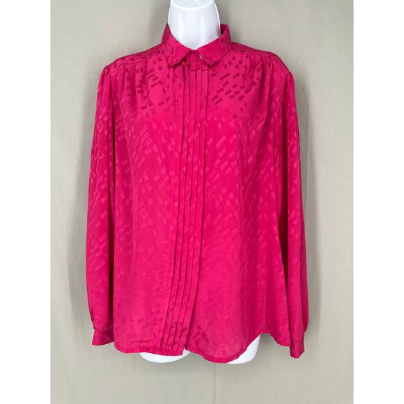 80s Vintage Top Womens Medium Pink Button Satin Pintuck Retro Long Sleeve - Picture 1 of 7